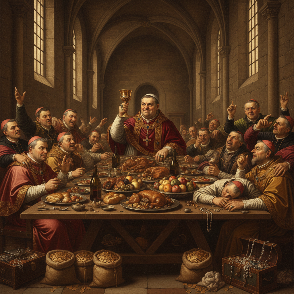 His Holiness proposes a toast to this quarter's record-breaking profits.
