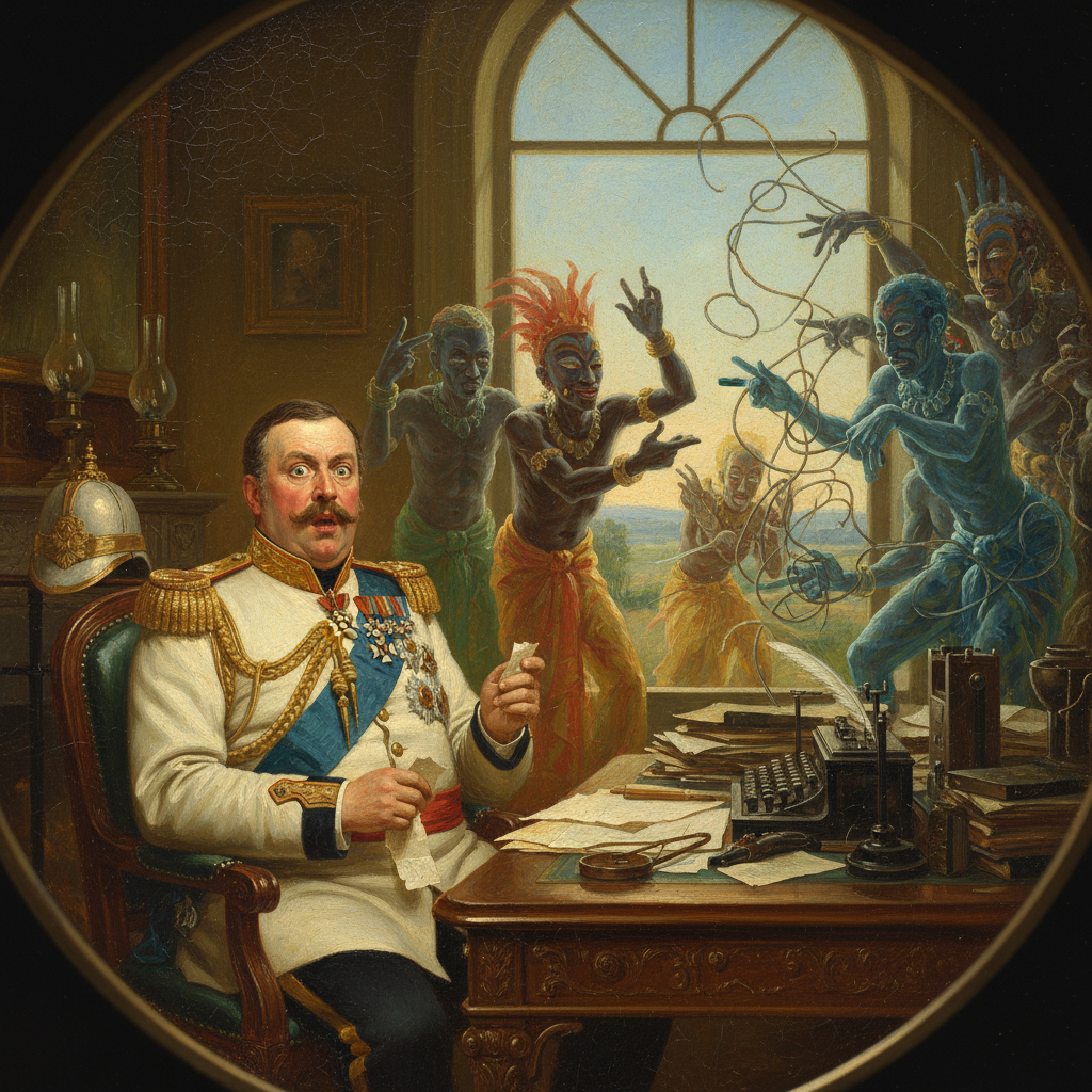 Governor Sir Walter Egerton, shortly after discovering his direct line to London was being used by an ancestor-ghost to order 500 cases of celestial palm wine.