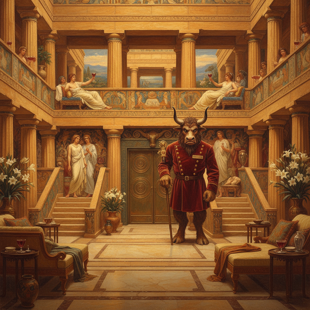 Illustration for "KING MINOS’S MONSTER-PRISON ACCIDENTALLY BECOMES AEGEAN’S HOTTEST FUCK PALACE"