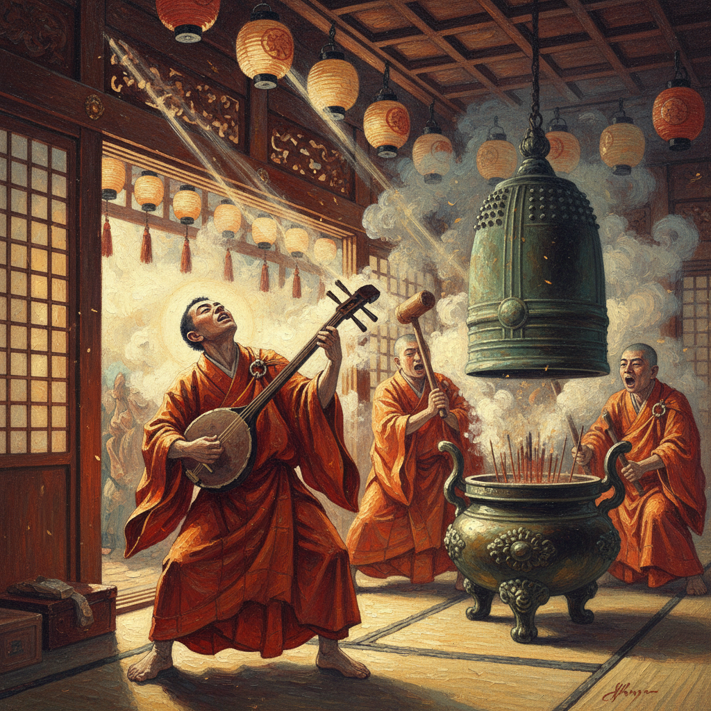 Illustration for "MONKS ACCIDENTALLY INVENT DOOM METAL"