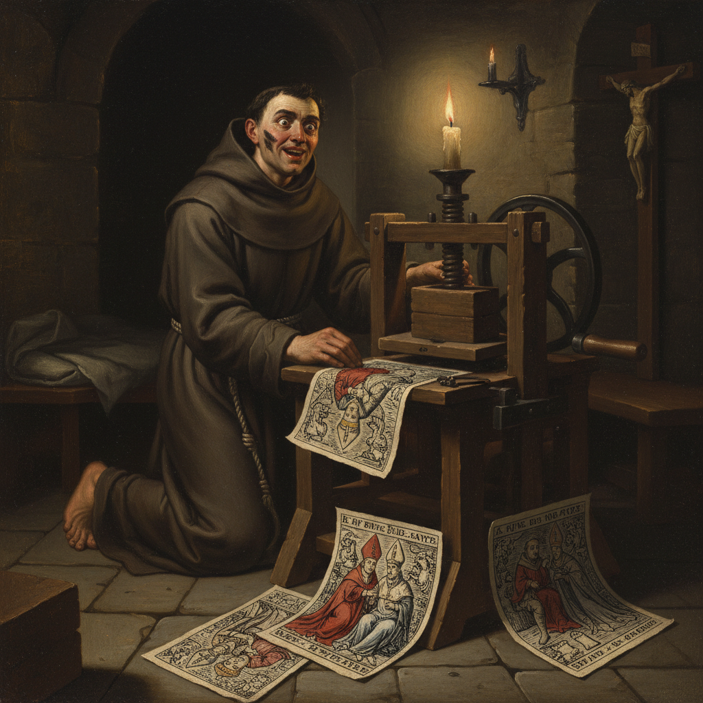 Illustration for "FRIAR FUCK-UP INVENTS PRINTING FOR PAPAL PORN"