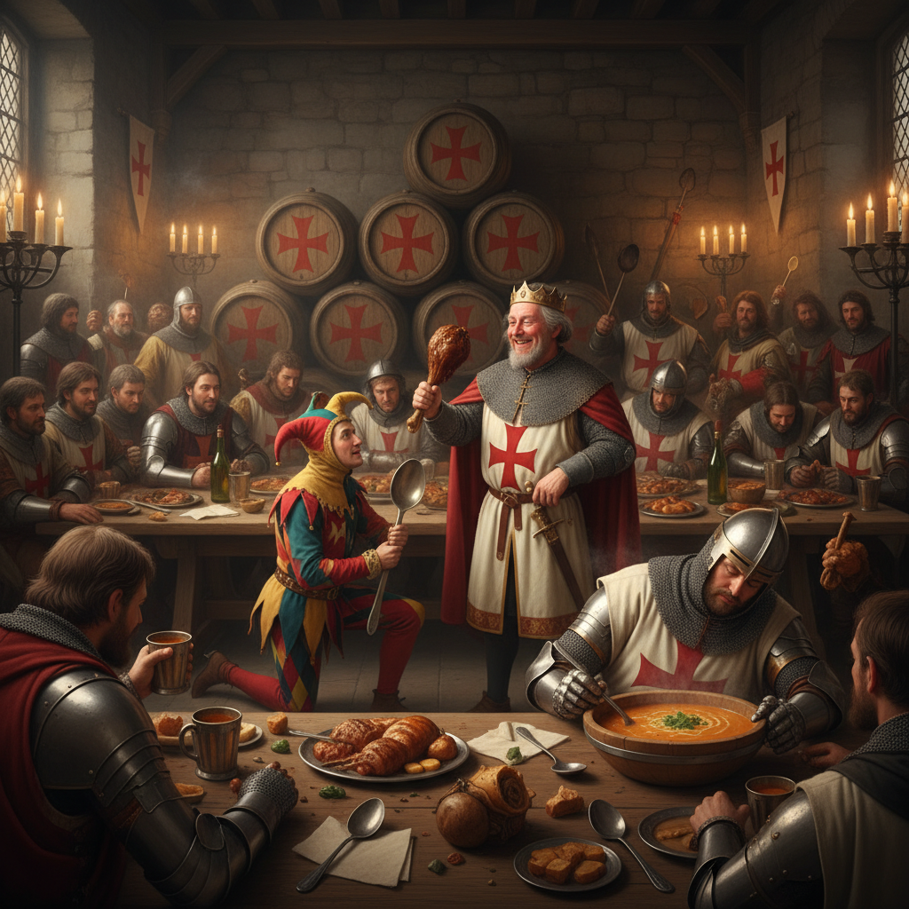 The royal court, spiritually fortified against the chill of sobriety.