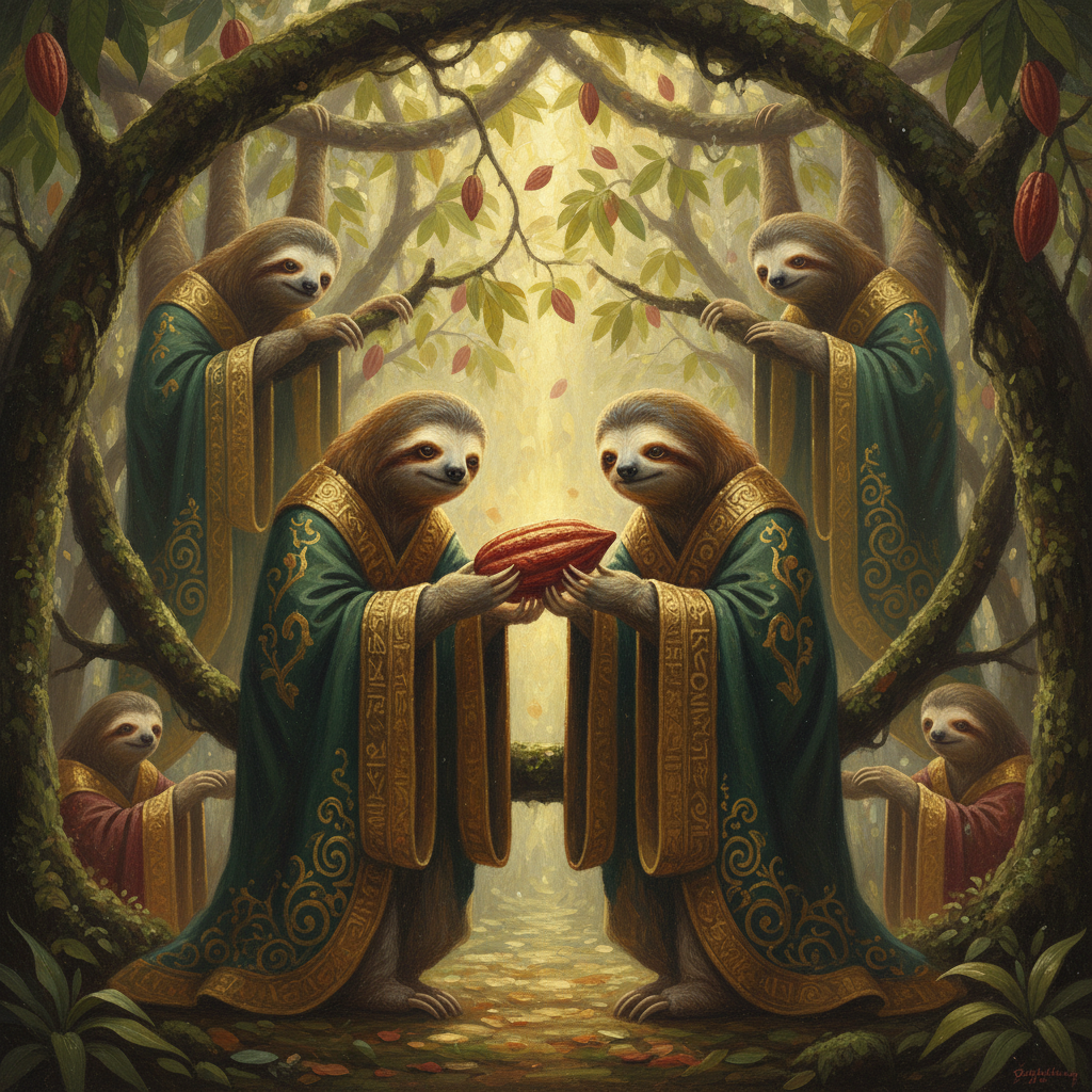 Illustration for "Sloth Monks Corner Cacao Market, Get Dangerously High on Their Own Supply"