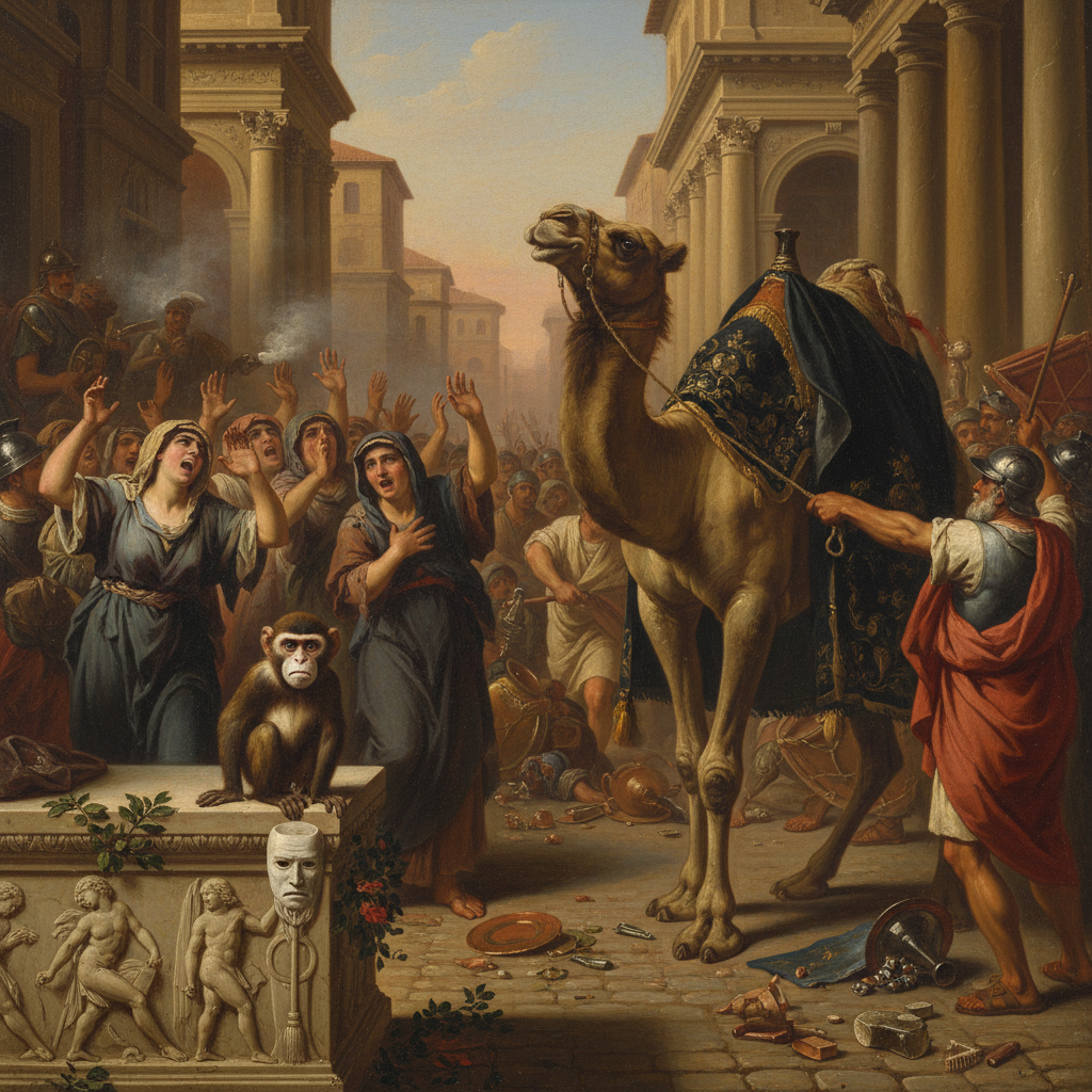 Illustration for "Rome’s Professional Criers Accidentally Invent Emotional Support Ostriches"