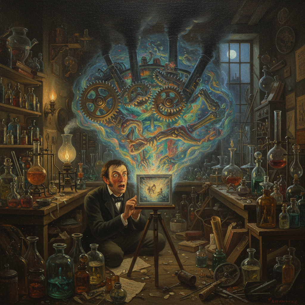 An artist’s entirely-too-sober rendition of the first successful Rêveotype test, 1839.