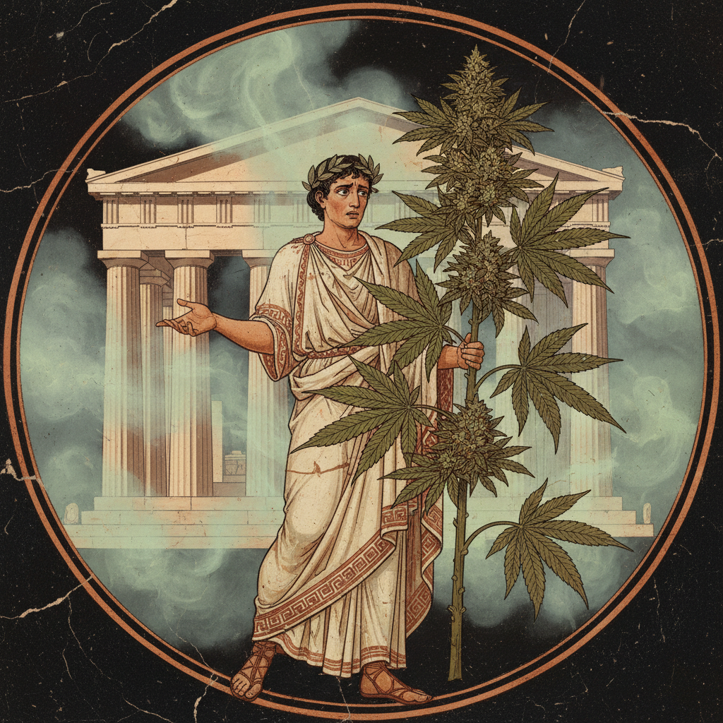 Illustration for "Hippocrates Unlocks the Ultimate Cure. It Is Weed."