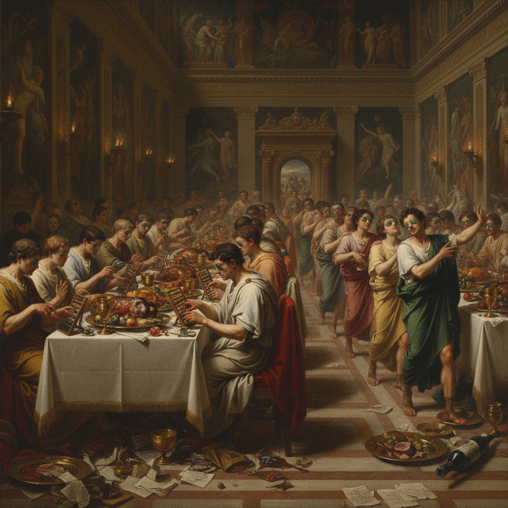Illustration for "EMPEROR INVENTS SIN TAX, ACCIDENTALLY SAVES ROME WITH ORGIES"