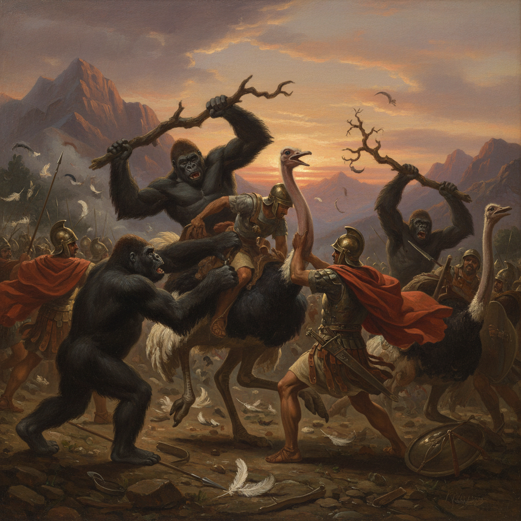 The encounter did not go well for man, ape, or bird.