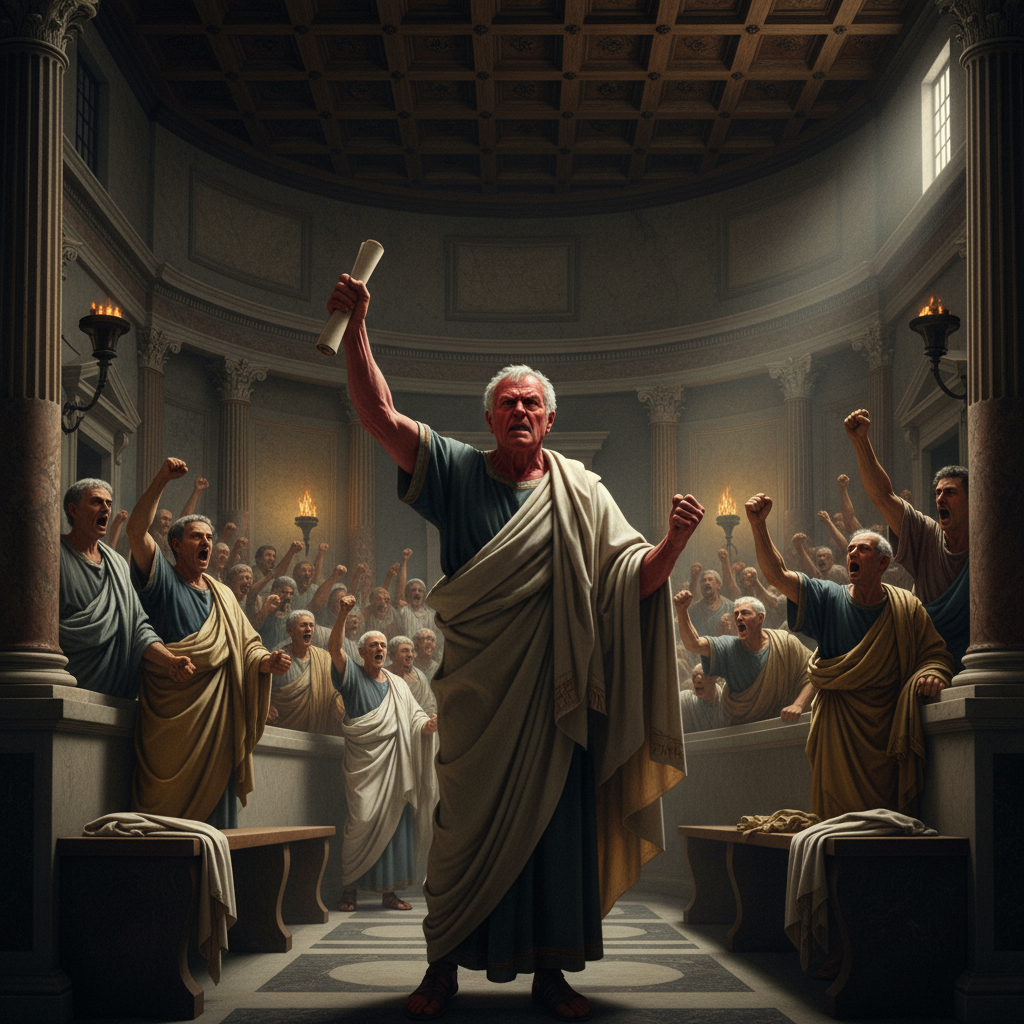 The distinguished senator from Bovillae reacts with his customary grace and composure.