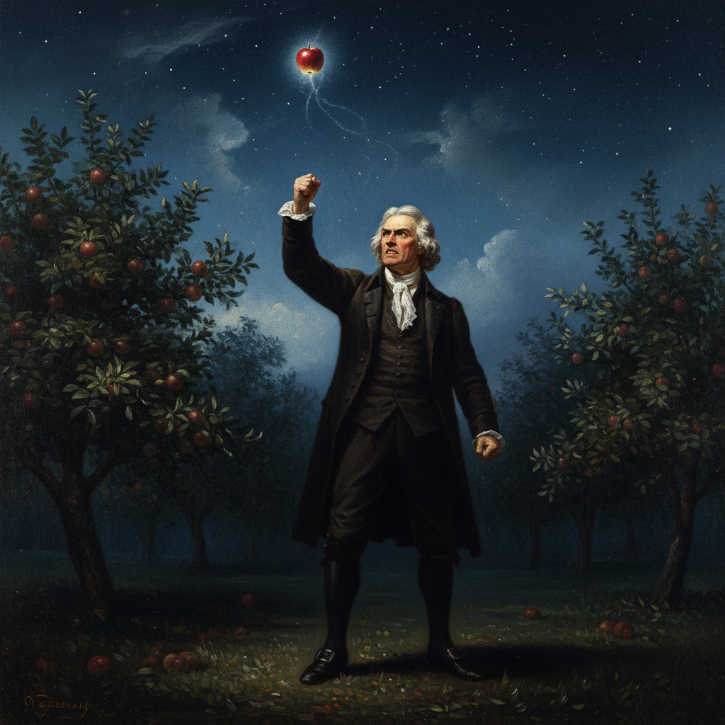 Illustration for "Sir Isaac Newton Choked To Death On A Floating Apple"
