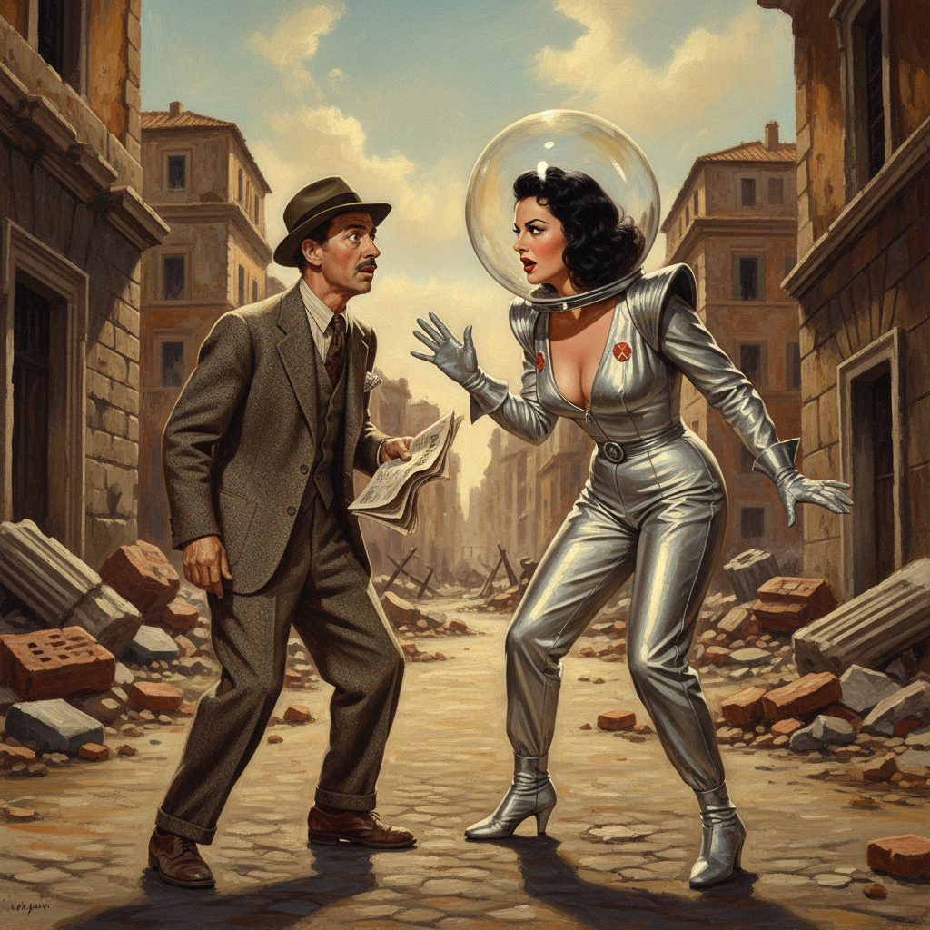She’s explaining that the rent on his apartment is now payable in Venusian groats.