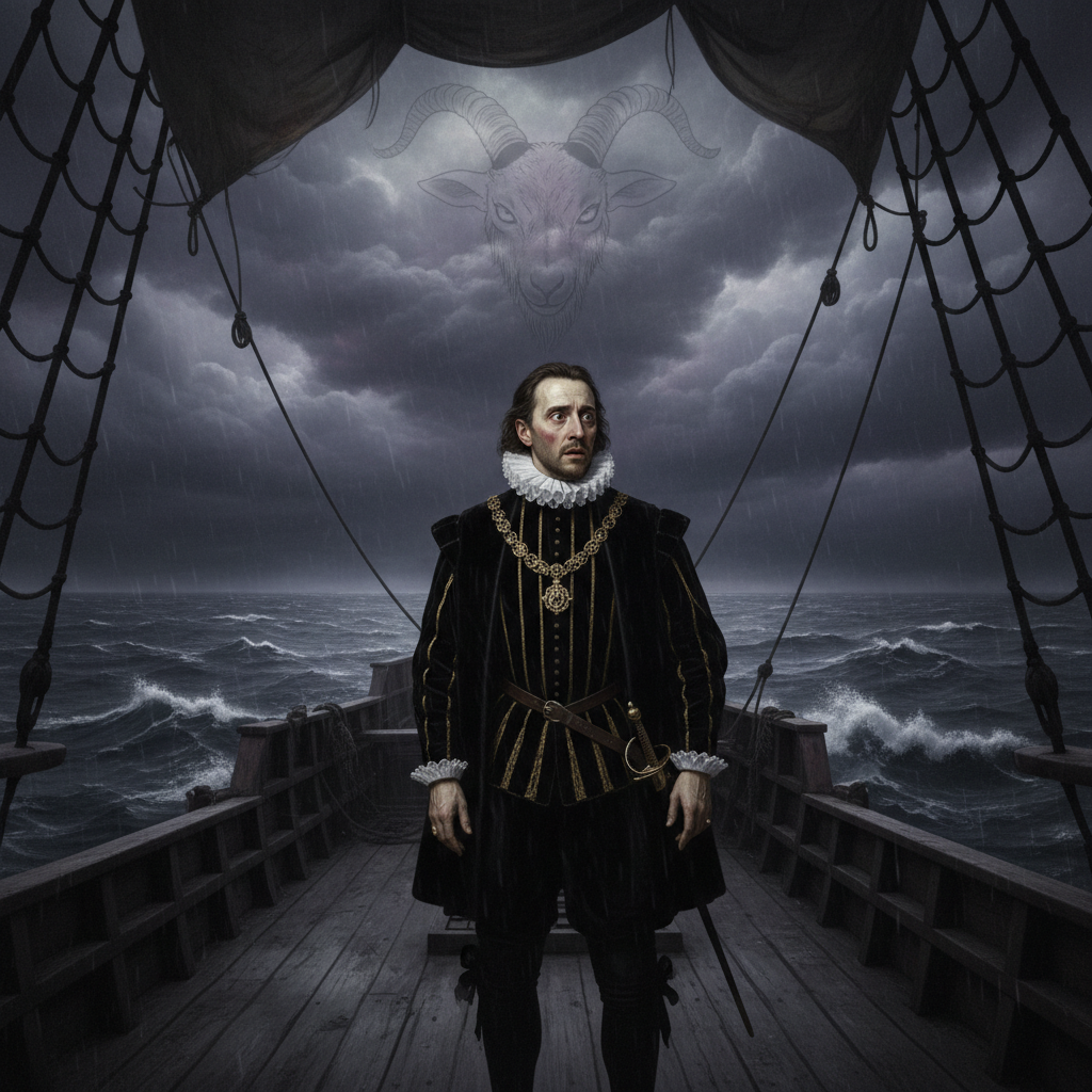 He's not thinking about the English fleet. He's thinking about the goats.