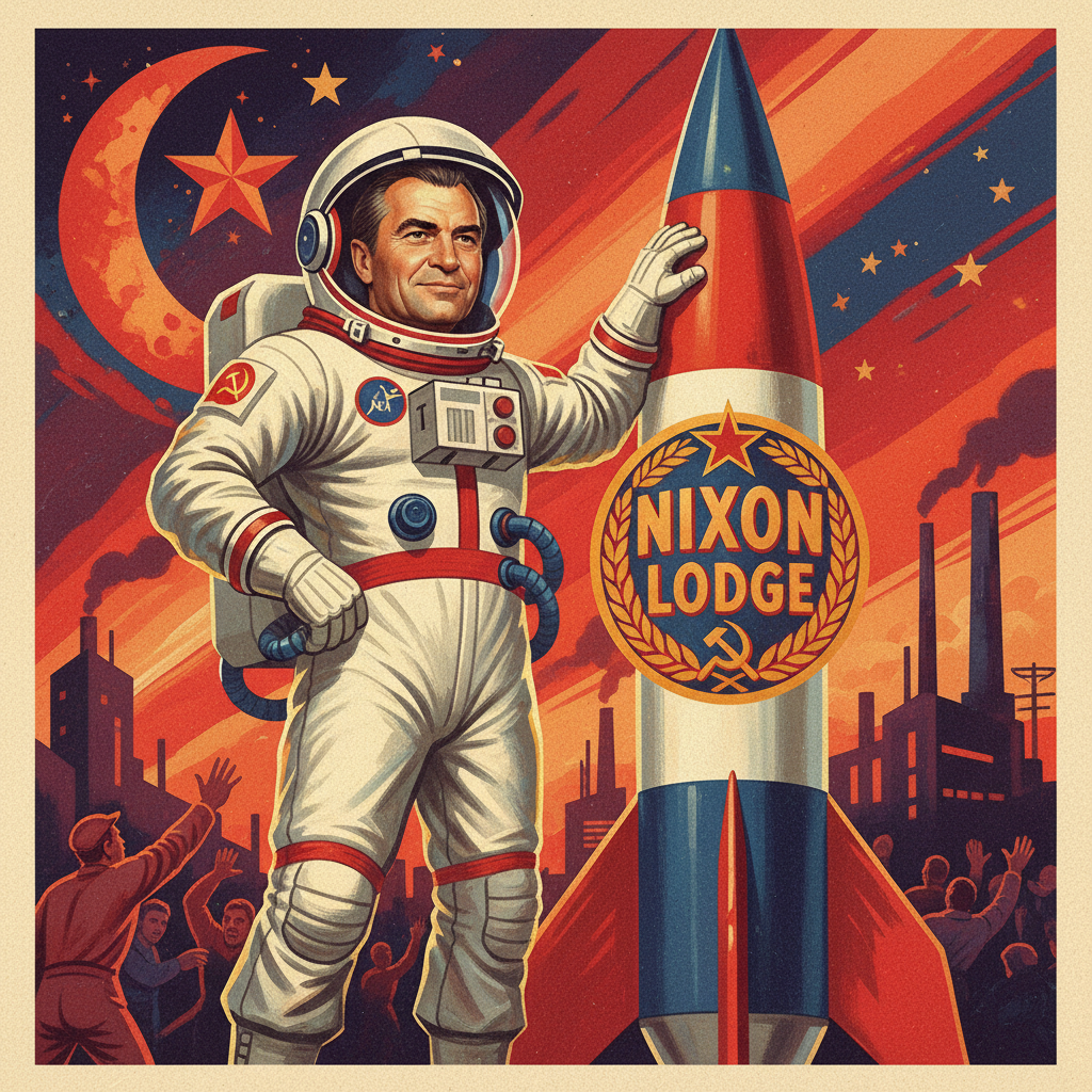 Soviet poster celebrating the "unplanned" launch of Kosmos 1, later attributed to a pirate signal from Nevada.
