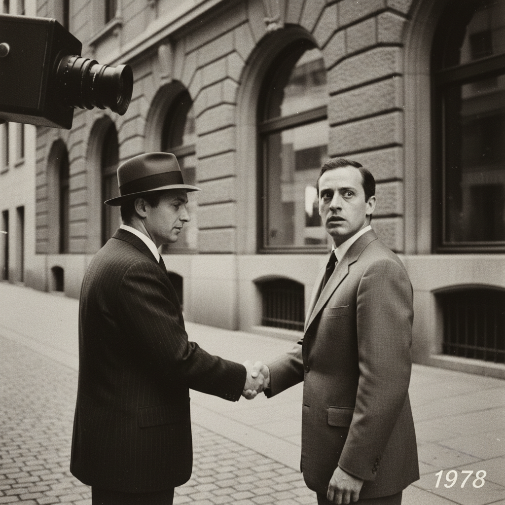 The moment of transaction. Notice the stain on the teller’s tie; it is either mustard or fear.