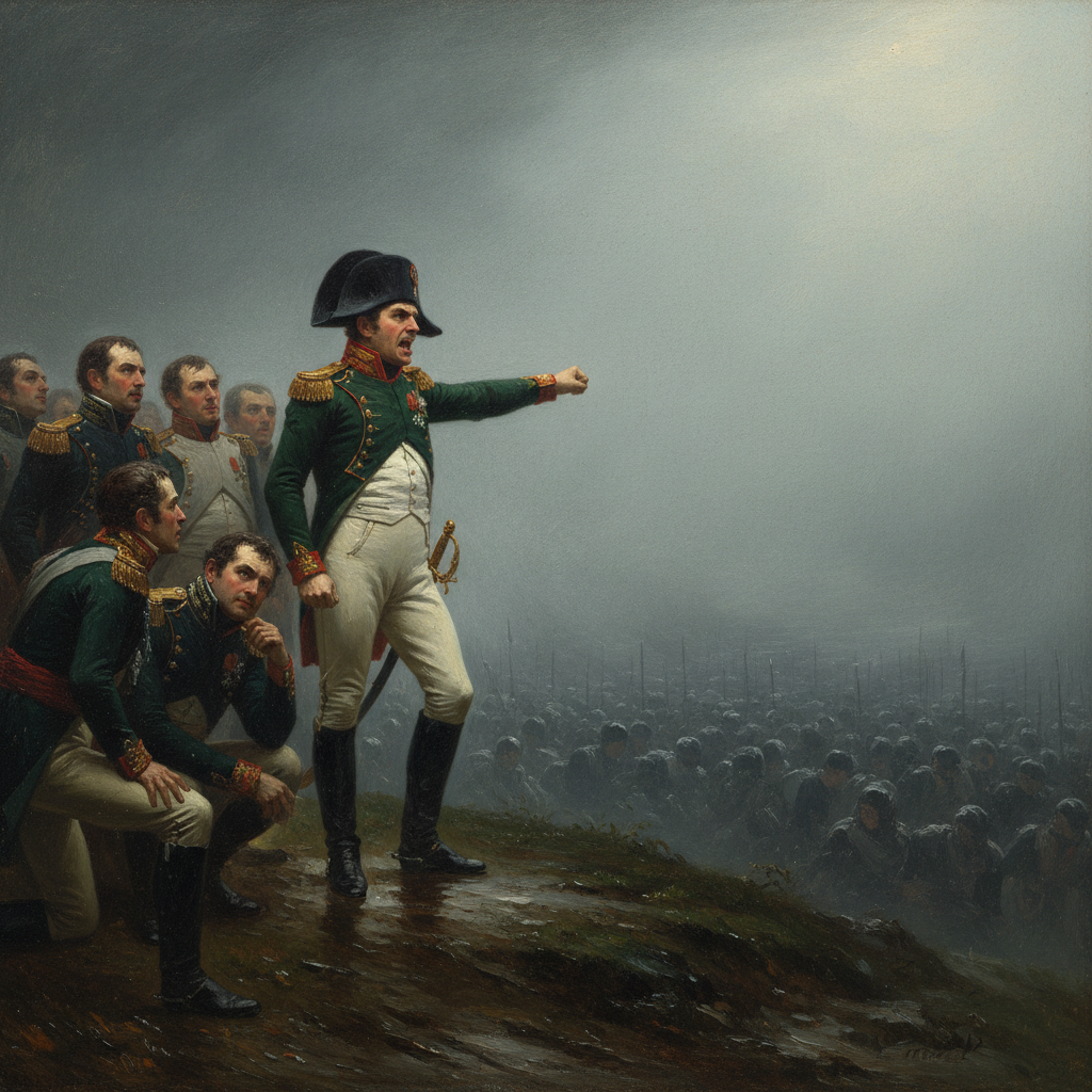 Illustration for "Napoleon Sits Out Waterloo, Blames God’s Thumb"