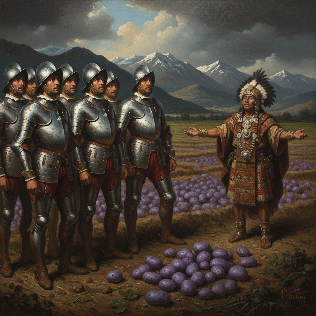 Illustration for "PSYCHEDELIC POTATOES FUCK UP SPANISH EMPIRE, POPE DECLARES TRIPPING SACRAMENT"