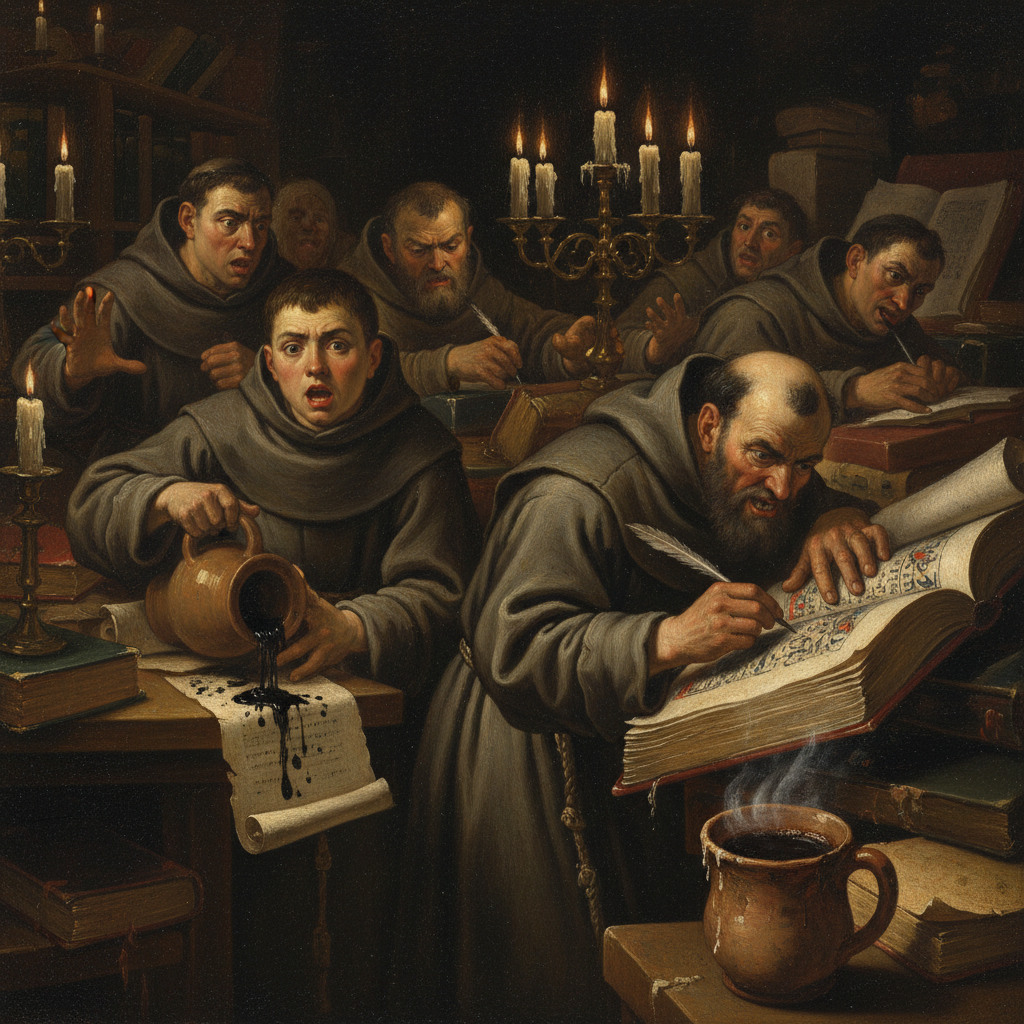 Brother Gérauld, five espressos deep, attempts to illuminate the entire Book of Psalms in a single night.