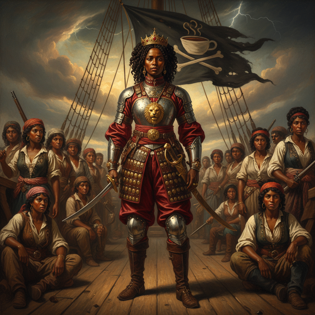 Illustration for "ETHIOPIAN QUEEN ACCIDENTALLY INVENTS FEMINISM, CAFFEINE-FUELED PIRACY"