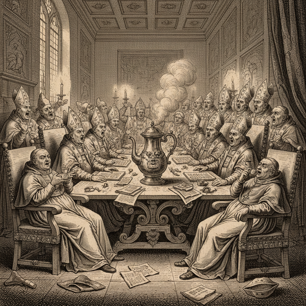 The Synod of Orléans, Day 14. The motion to declare “the jitters” a state of divine ecstasy was narrowly defeated.